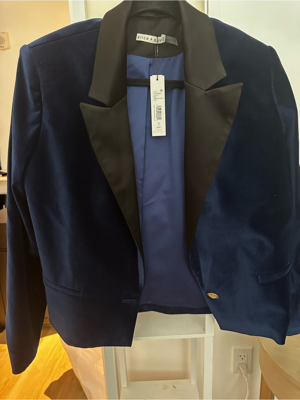 Alice + Olivia Midnight Navy Velvet Blazer with Black Satin Lapels